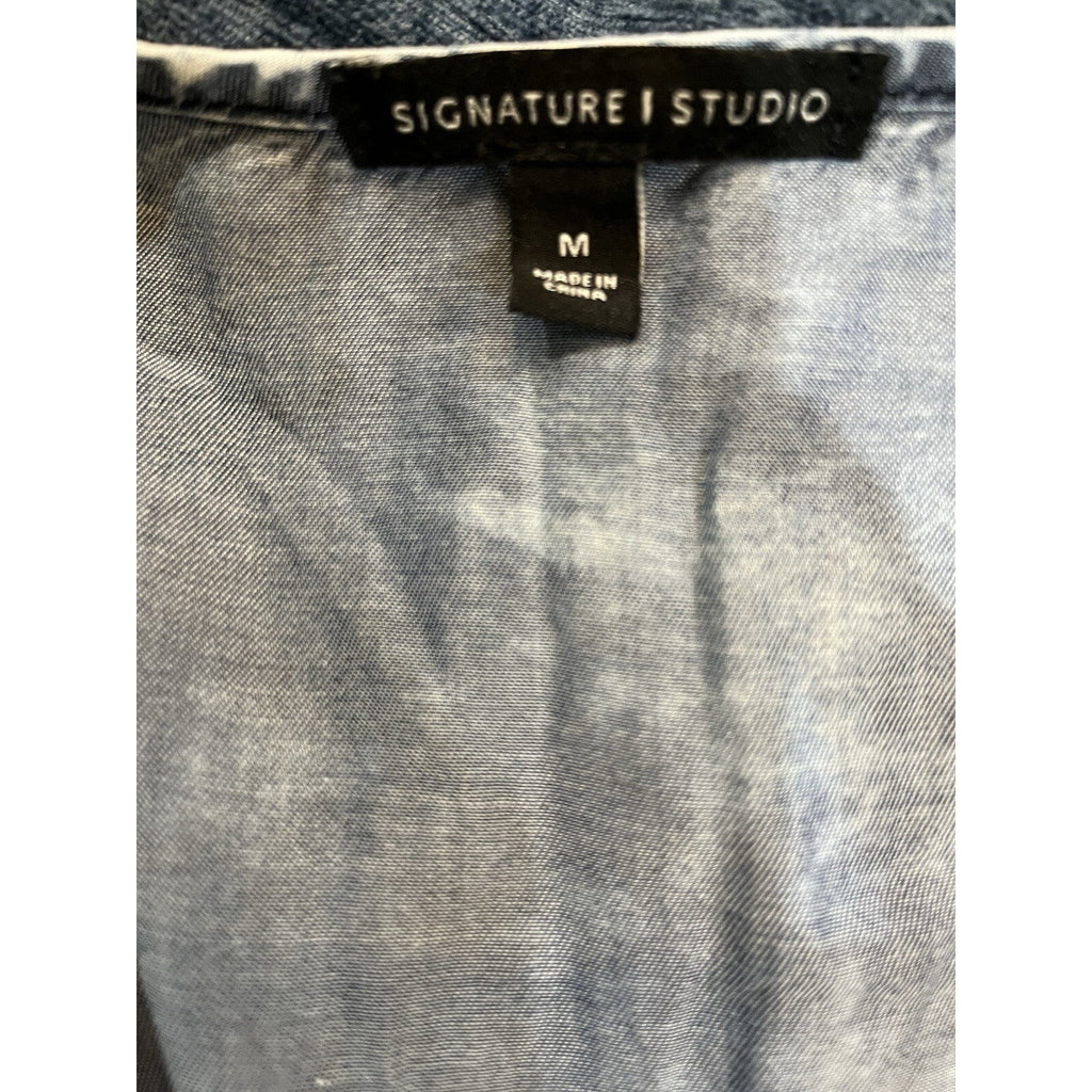 Signature 1 Studio Blue Denim Print Embellished 3/4 Ruffled Sleeve Top Women's M