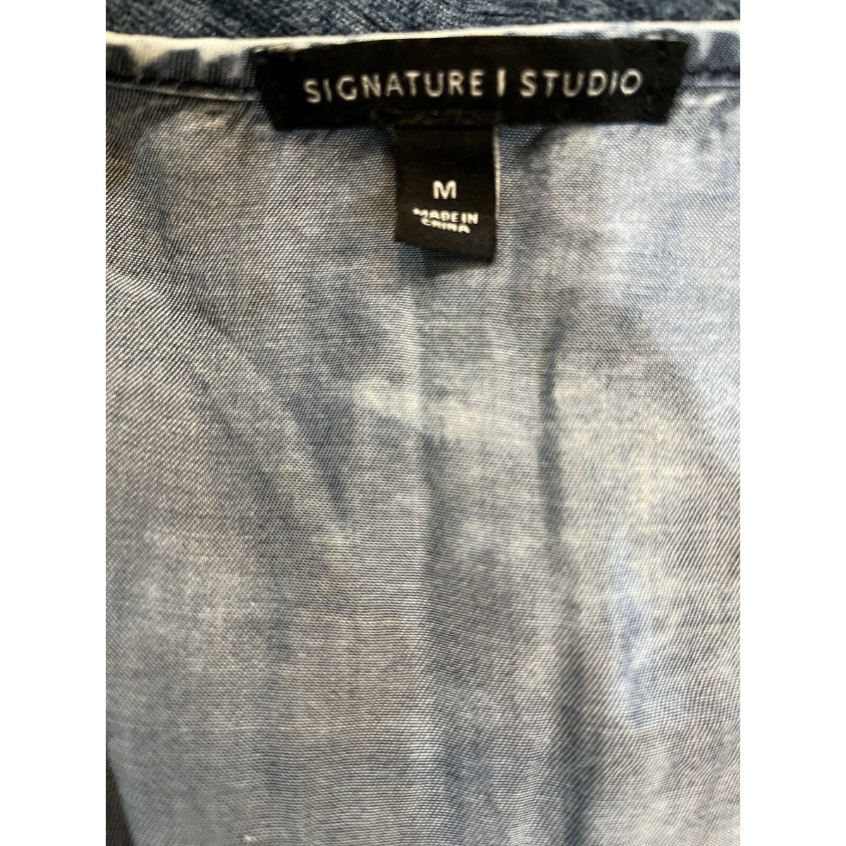 Signature 1 Studio Blue Denim Print Embellished 3/4 Ruffled Sleeve Top Women's M