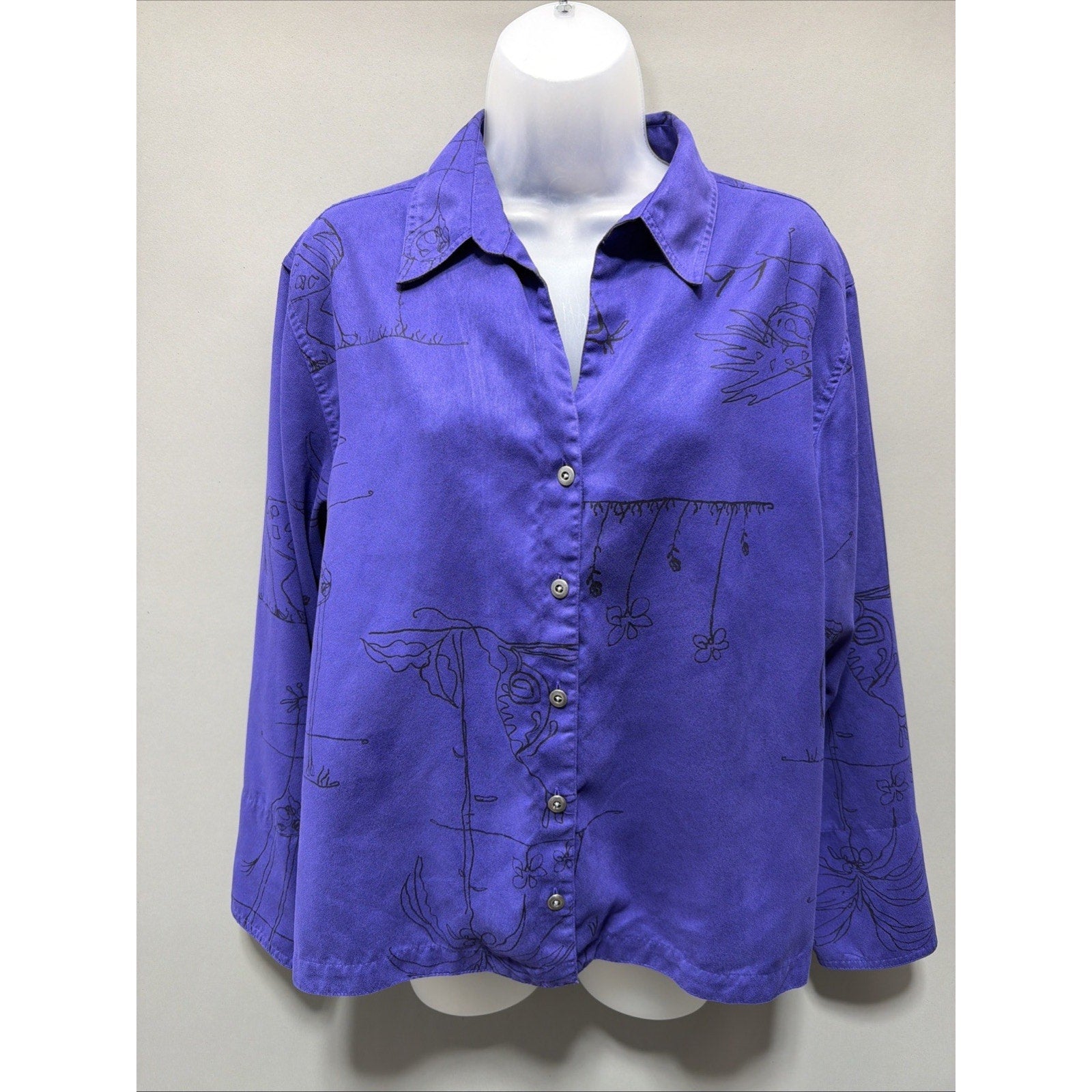 Chicos Safari Button Down Top L (2) Purple Microfiber Animal Print Blouse