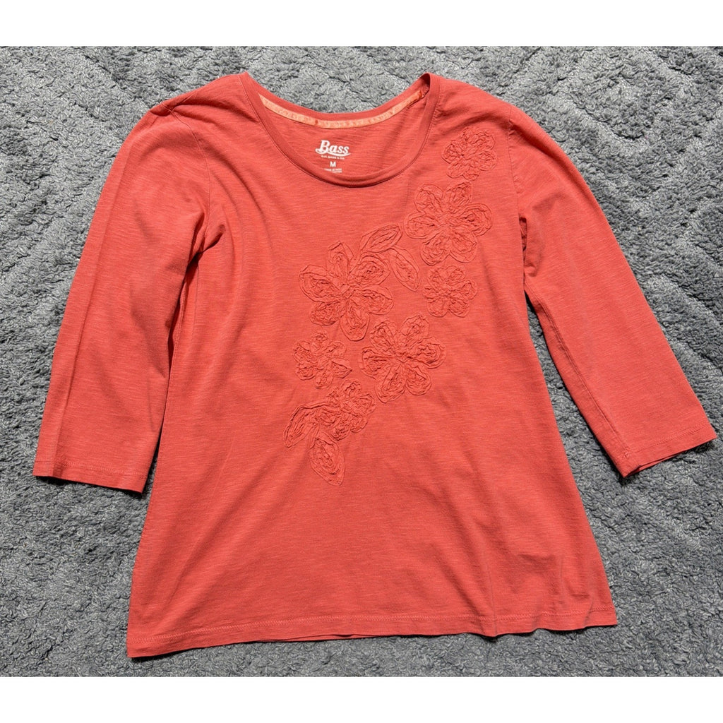 G.H. Bass & Co. Size M Women's Coral 3/4 Sleeve Floral Embellished T-Shirt