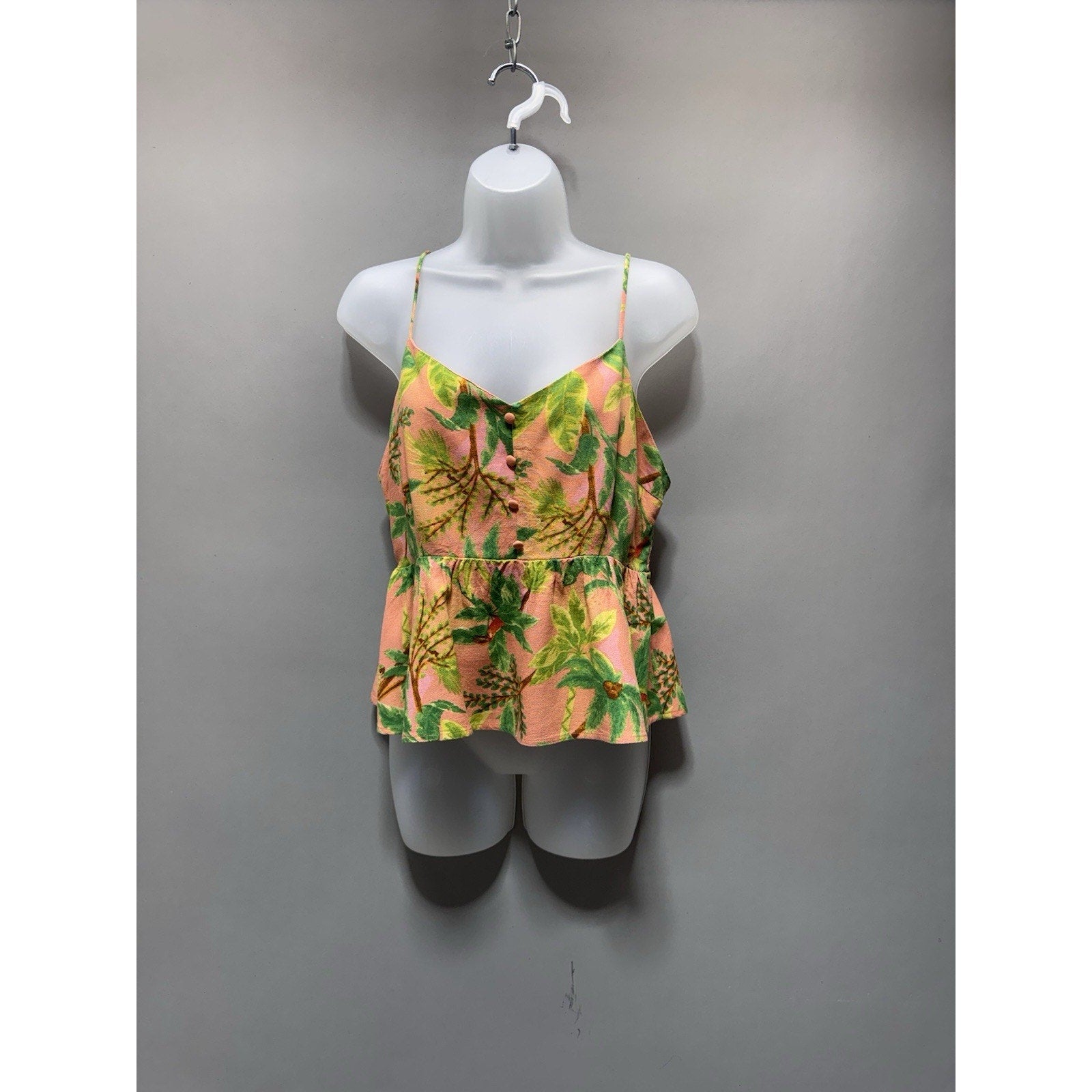 Tropical Peplum Cami Top Women’s XL Pink Green Button Front Rayon Linen Boho