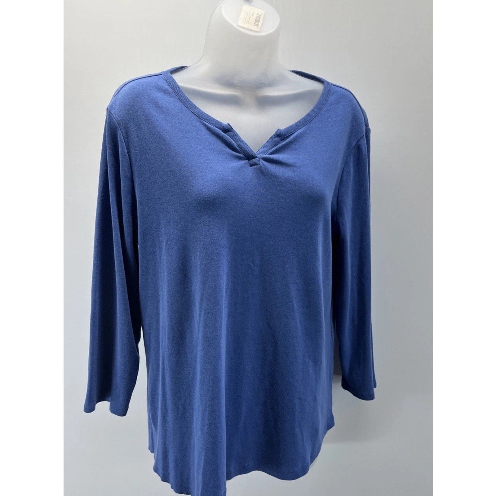 Chicos Women's 1 Small Pullover V-Neck Shirt Tunic 3/4 Sleeve Linen Blue