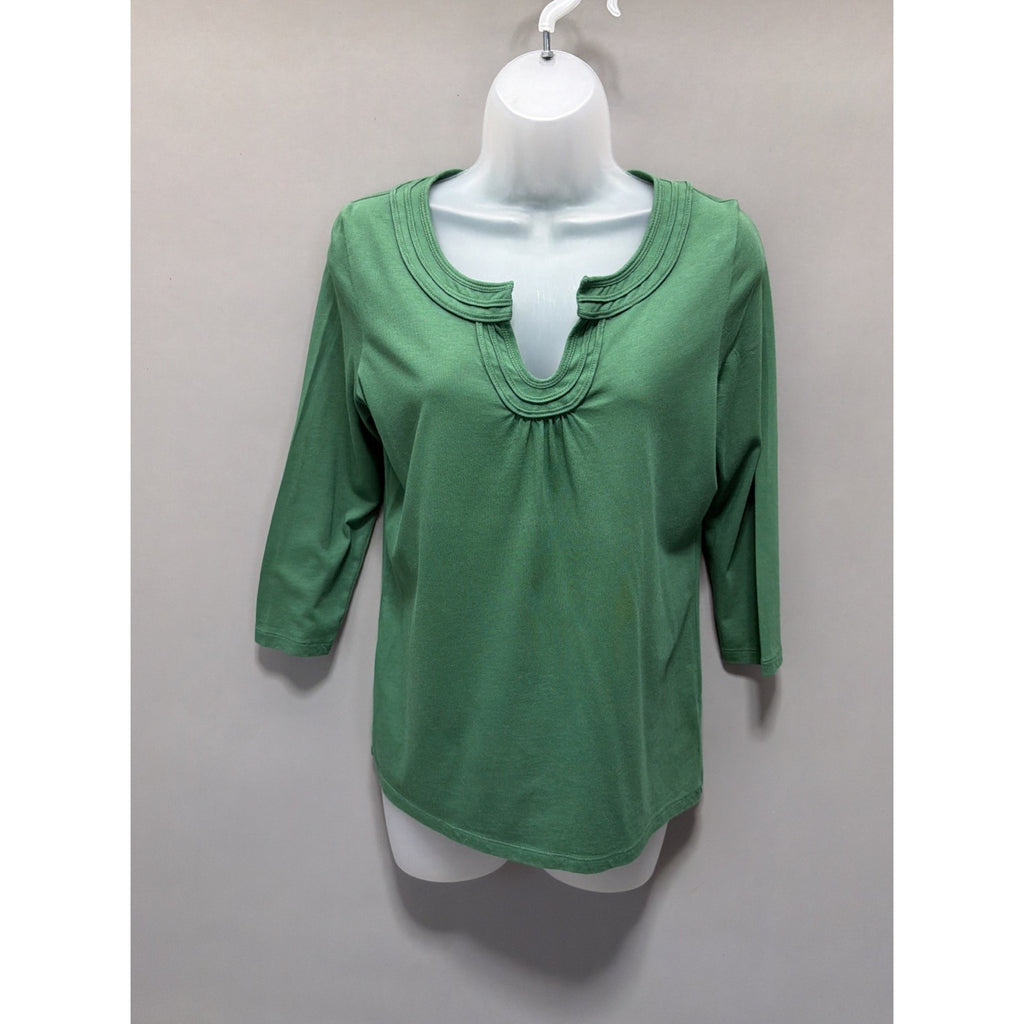 Talbots Sz Petite Medium Green Cotton Modal Shirt Tunic Split Neck Minimalist