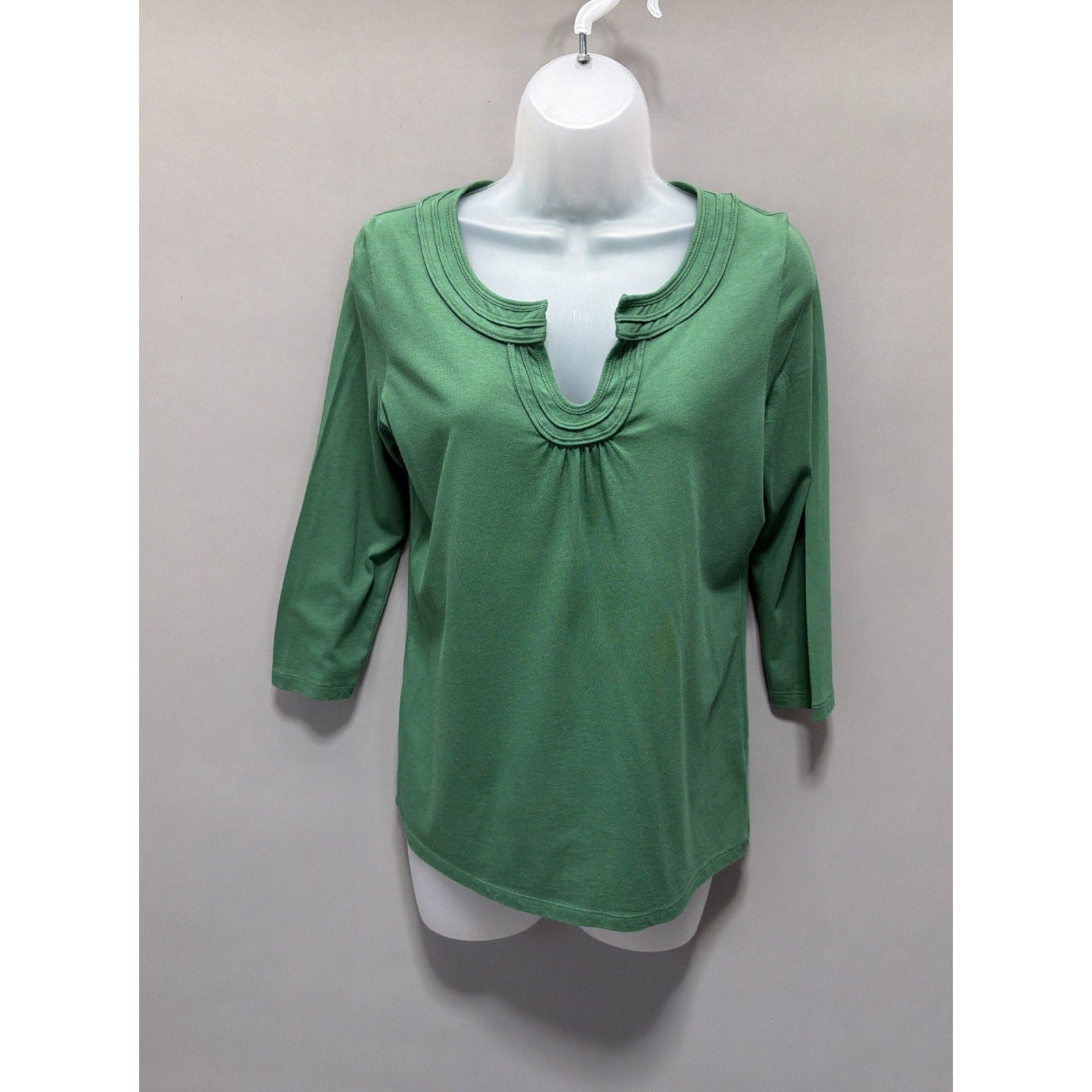 Talbots Sz Petite Medium Green Cotton Modal Shirt Tunic Split Neck Minimalist