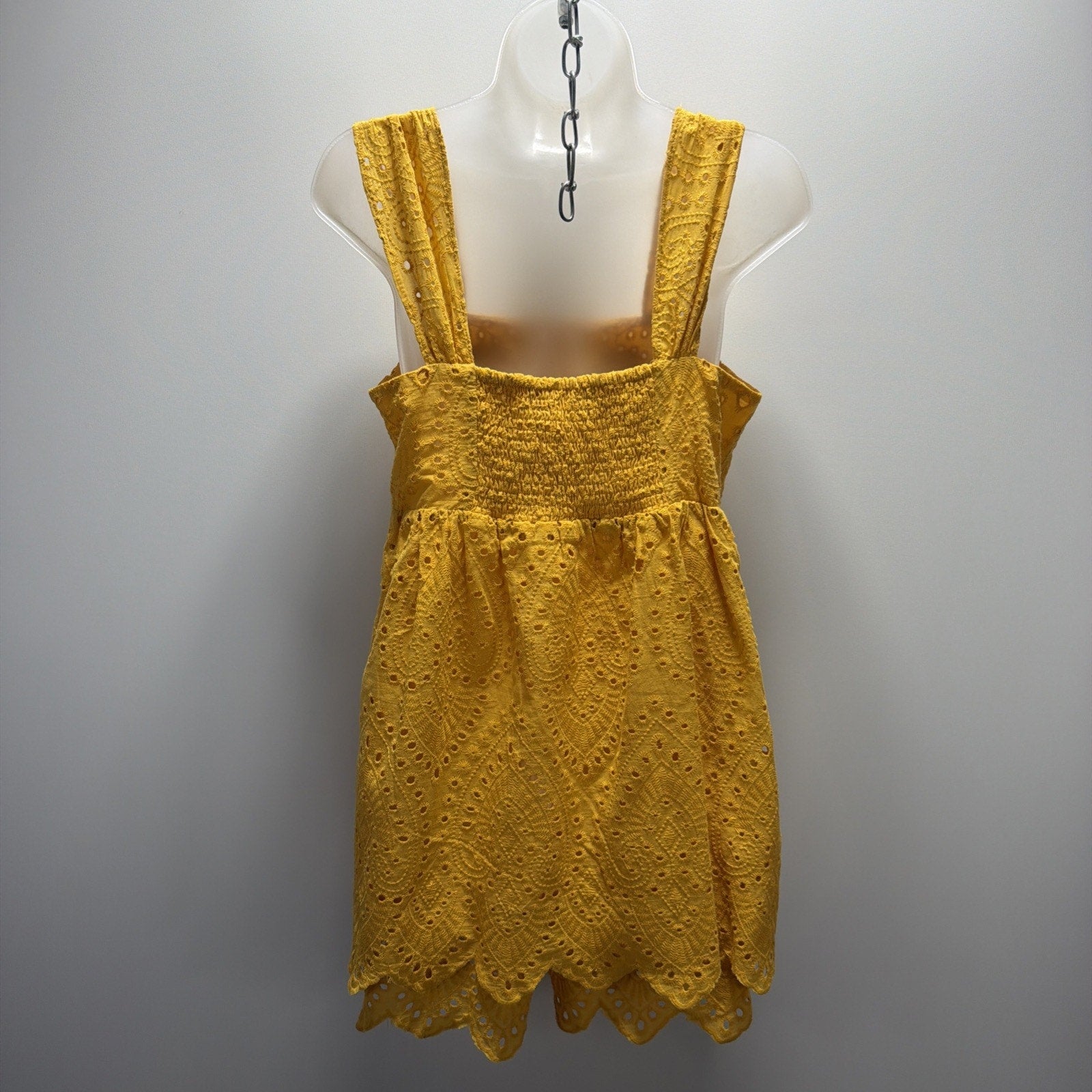 Mustard Yellow Eyelet Top Dress Women Small Boho Cottagecore Babydoll Cotton