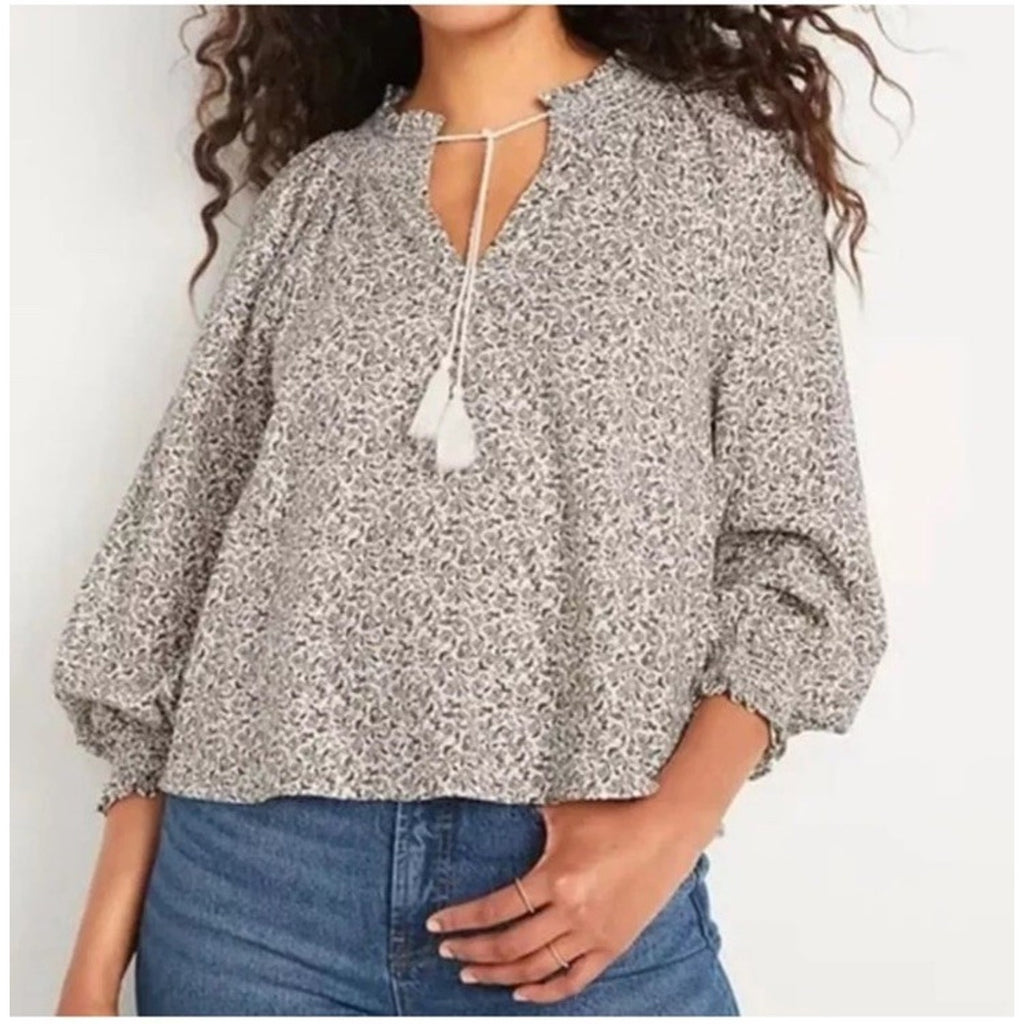 Old Navy Oversized Long-Sleeve Smocked Linen-Blend Top Blouse Top Large