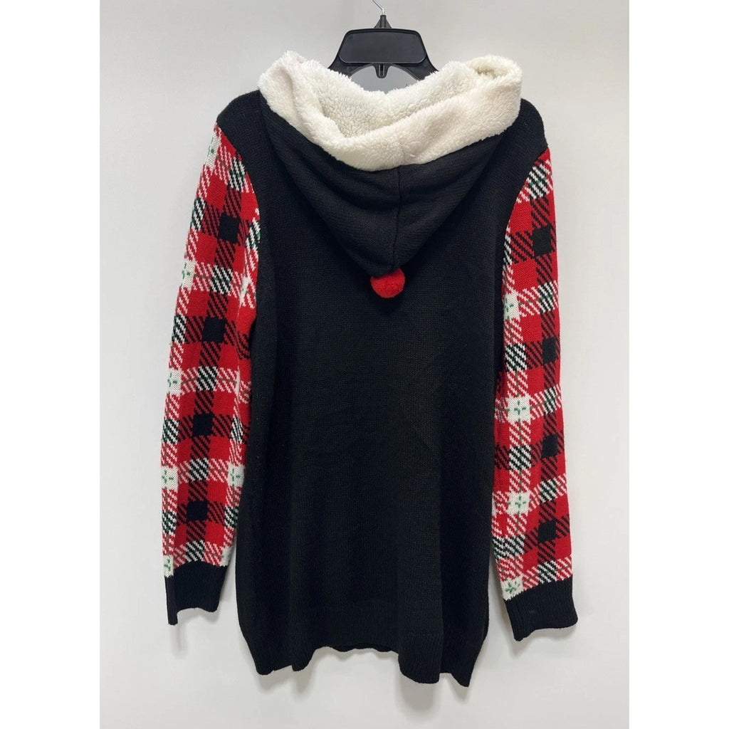 Womens NOBO Black w/Red Plaid Sleeves Hoodie Christmas Tunic Sweater Size XXL