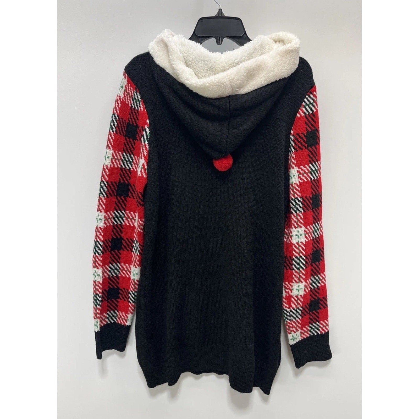 Womens NOBO Black w/Red Plaid Sleeves Hoodie Christmas Tunic Sweater Size XXL