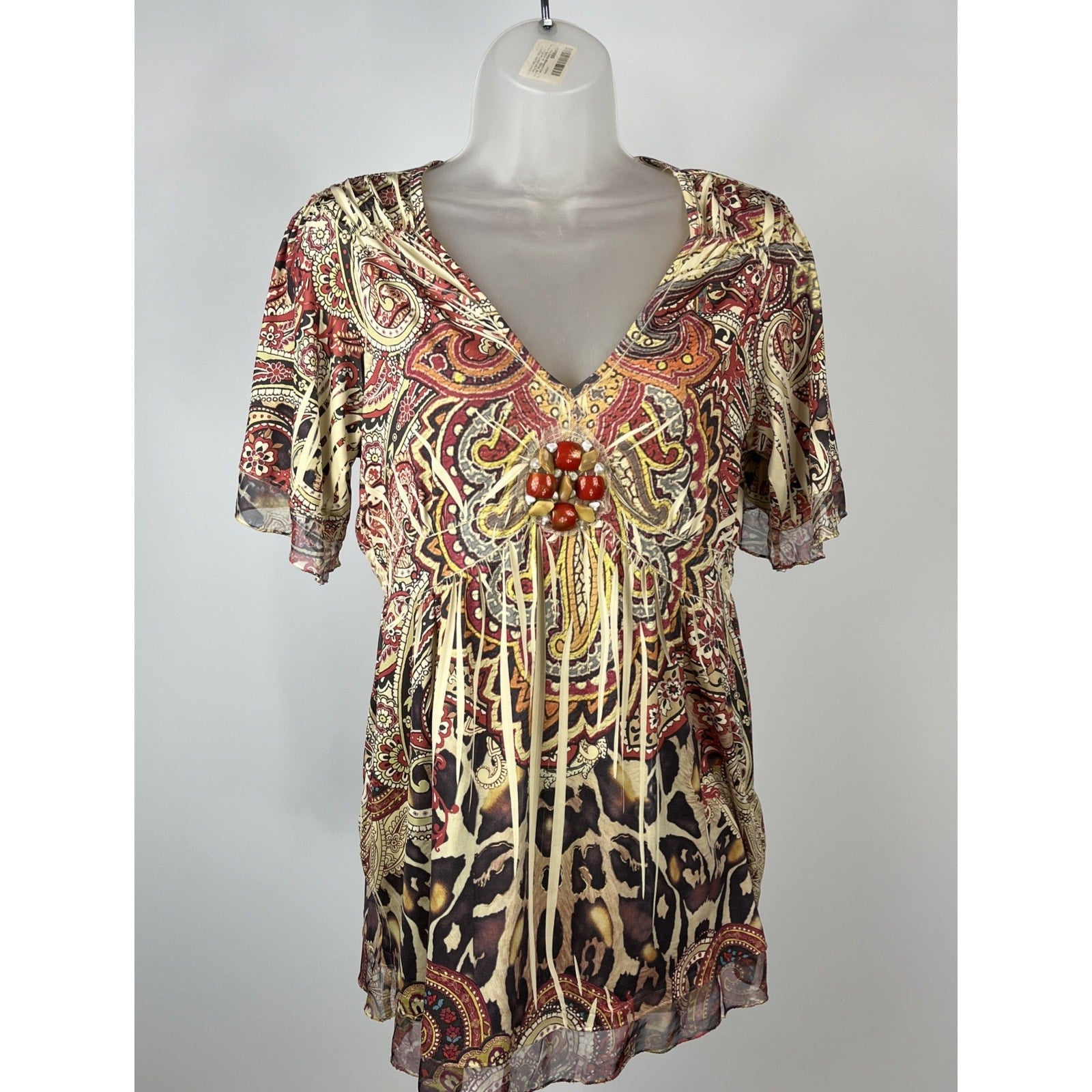 Live and Let Live Womens Tunic Blouse Top Size M Paisley Beaded Stones