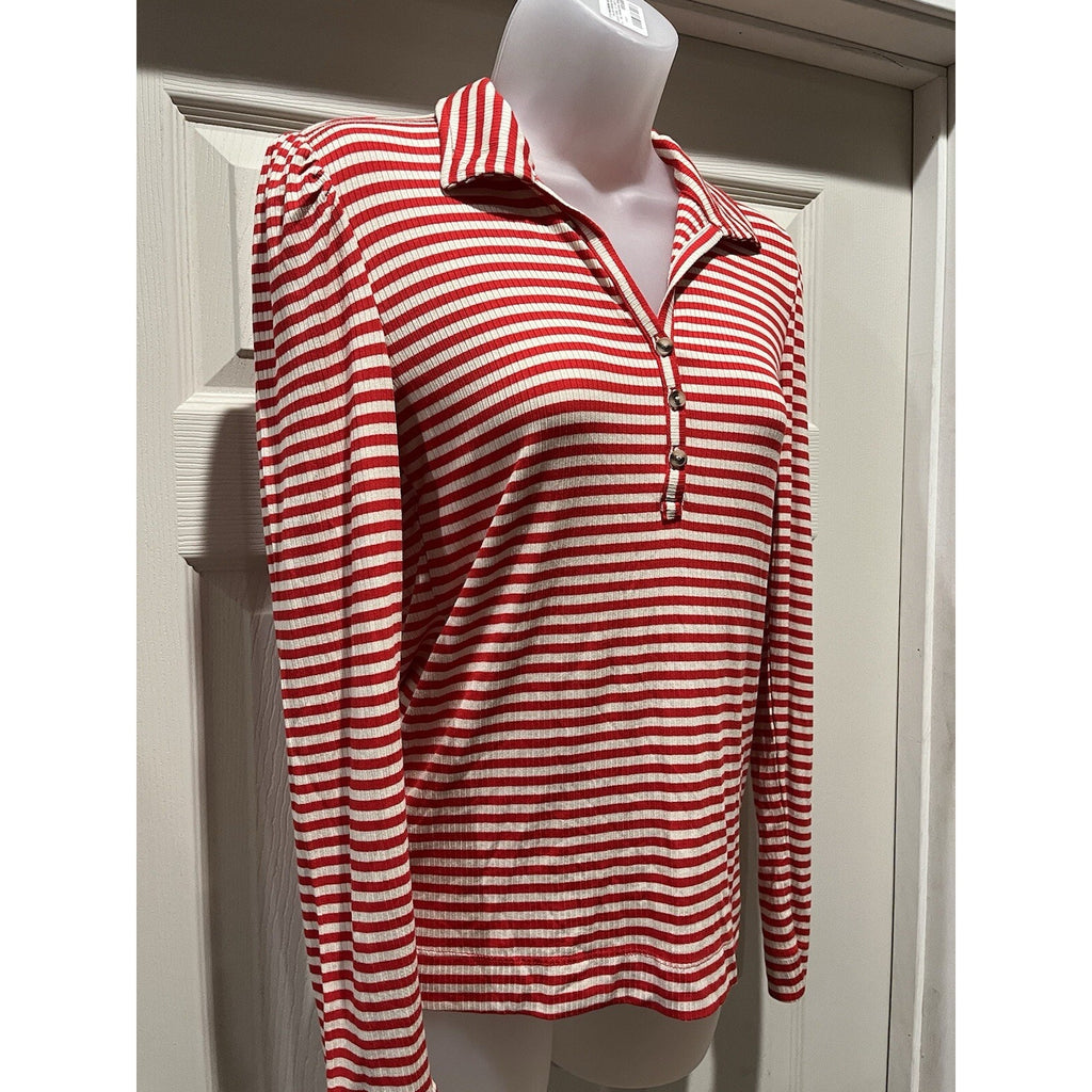 Ann Taylor Loft Shirt W Small White And Red Polo Striped Long Sleeve Ladies
