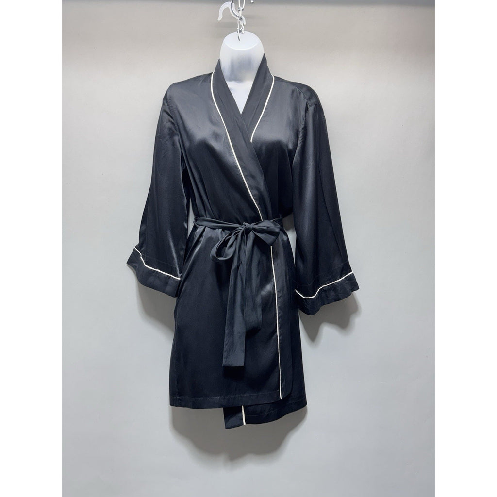 August Silk Intimates Black Silk Wrap Robe White Piping Women’s Size M Kimono
