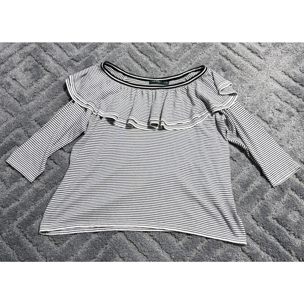 RALPH LAUREN Plus 3X Striped knit Lagenlook 3/4 Sleeve Ruffled Sweater SOFT!