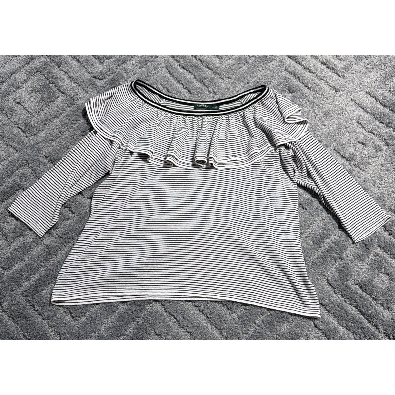 RALPH LAUREN Plus 3X Striped knit Lagenlook 3/4 Sleeve Ruffled Sweater SOFT!