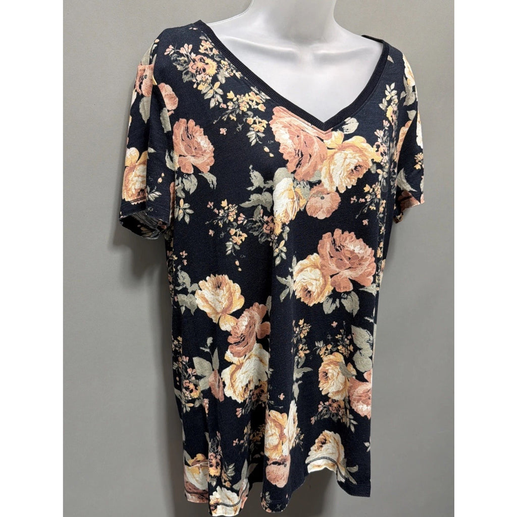 Maurices 24/7 Floral Short Sleeve Blouse Size Large Blue NWT