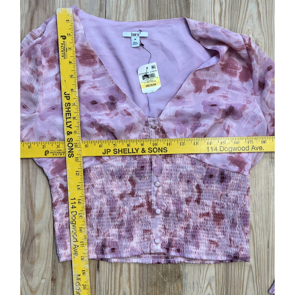 Bar III Top PInk Floral-Print Smocked-Waist Women Sz M NWT