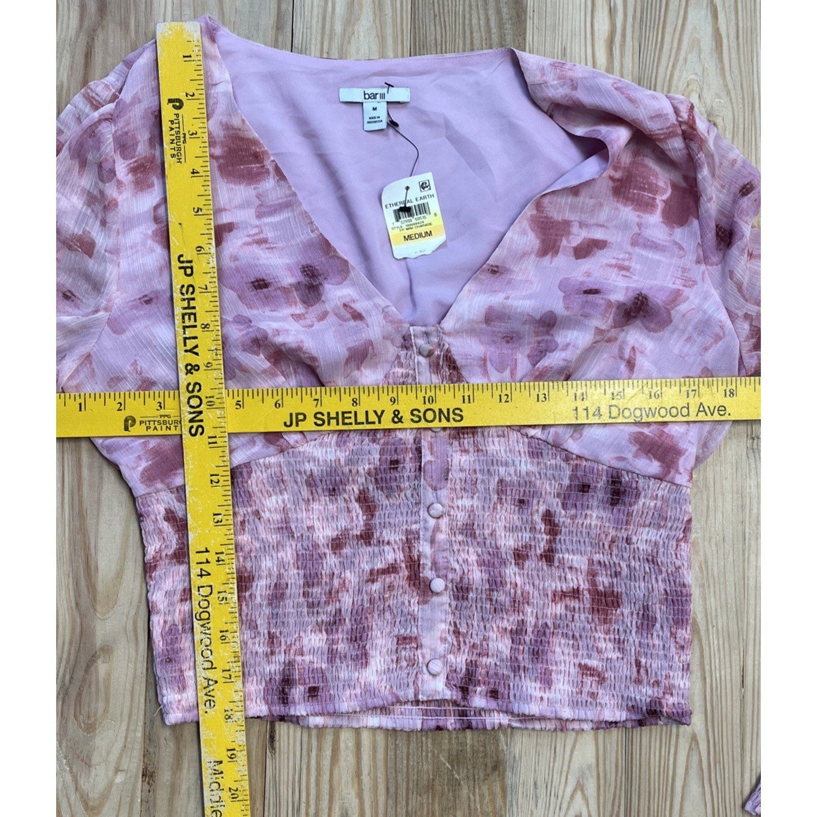 Bar III Top PInk Floral-Print Smocked-Waist Women Sz M NWT