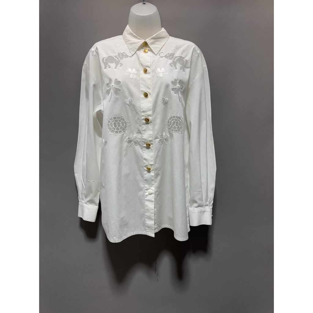 Vintage ESCADA Margaretha Ley White Embroidered Animal Blouse Gold Buttons Sz 40