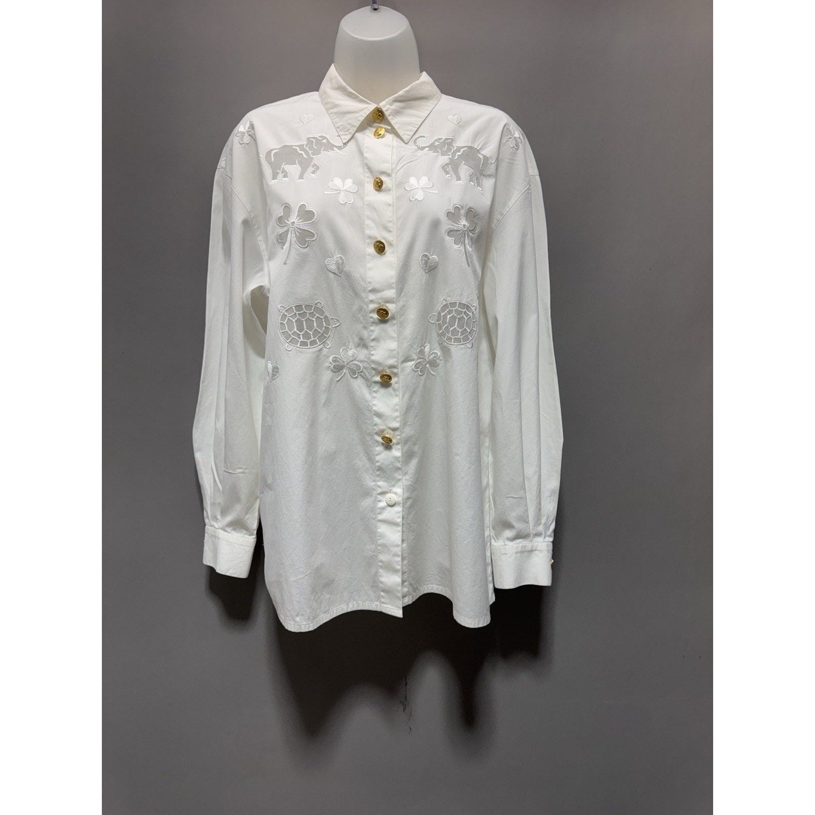 Vintage ESCADA Margaretha Ley White Embroidered Animal Blouse Gold Buttons Sz 40