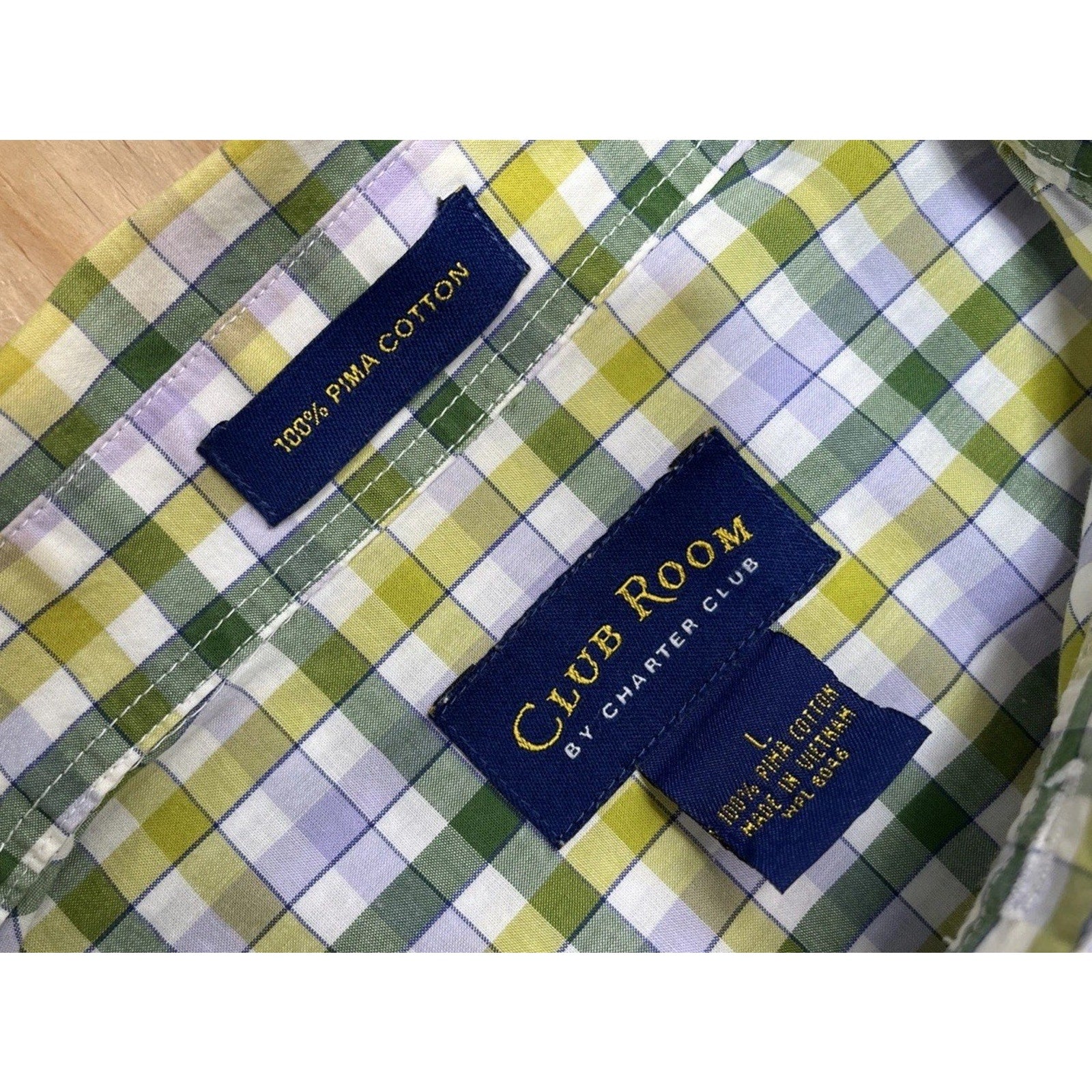 Club Room by Charter Club Men's Blue Green Plaid Button Front Shirt L Pima Cott