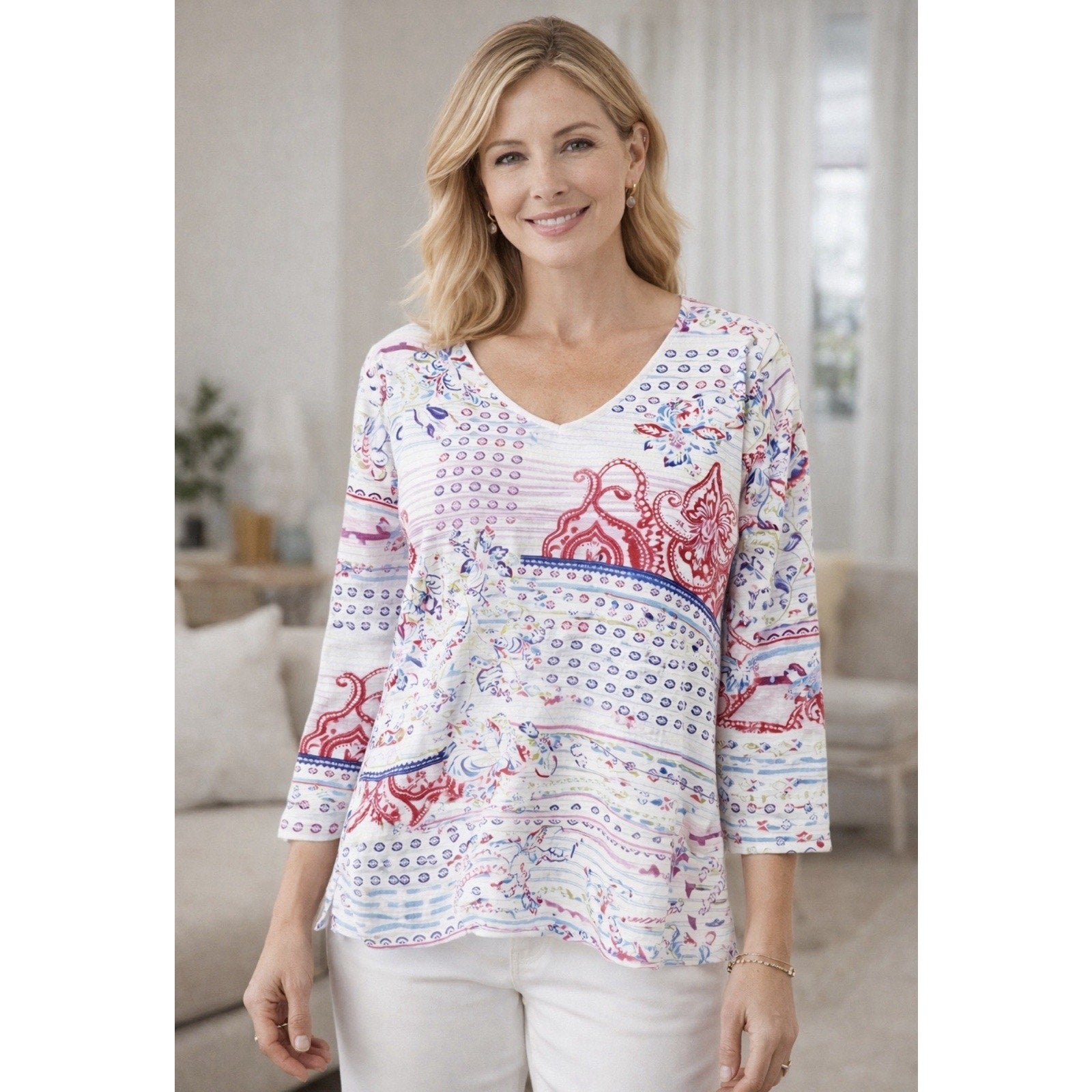 CHICO'S Sz 1 8/10 Medium 3/4 Sleeve Top Shirt Blouse V-Neck Colorful Artsy