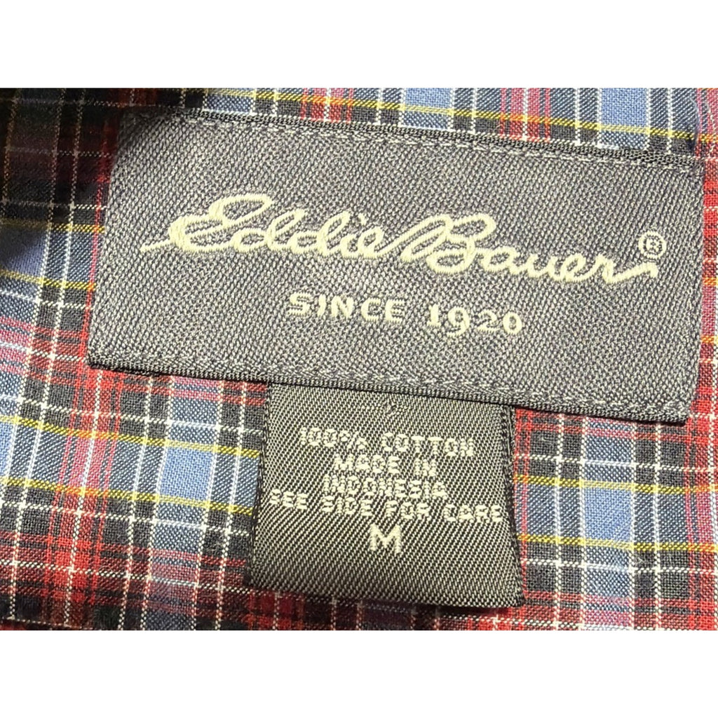100% Cotton M Eddie Bauer Shirt Men's Button Up Red Blue Plaid Long Sleeve