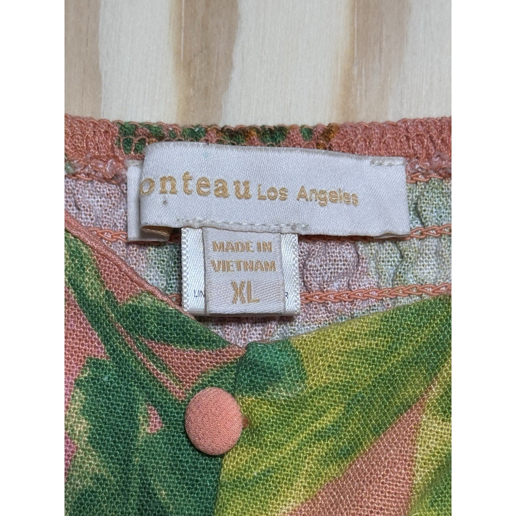 Tropical Peplum Cami Top Women’s XL Pink Green Button Front Rayon Linen Boho