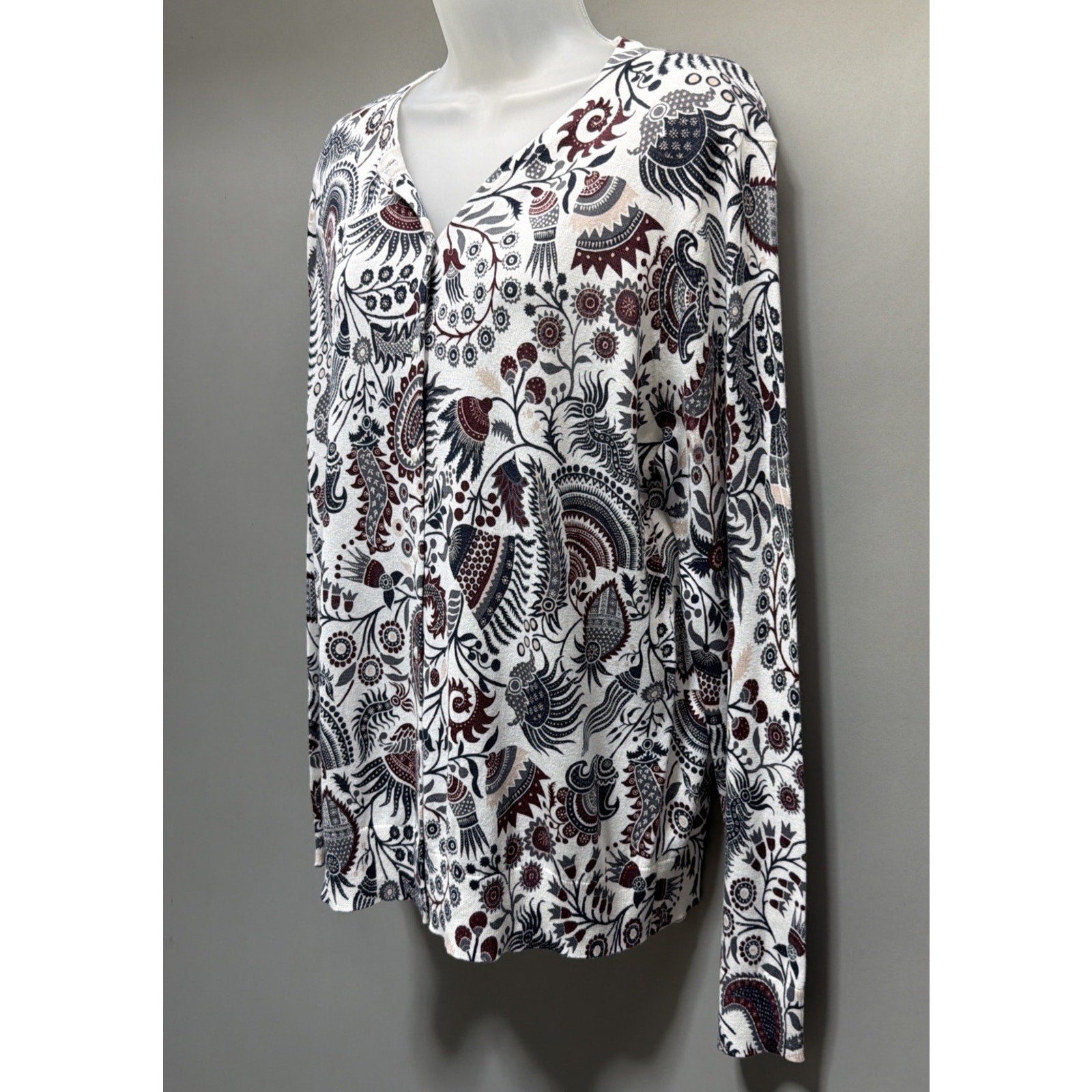 LOFT Outlet Women’s XL Paisley Floral Cardigan White Burgundy Boho Cottagecore