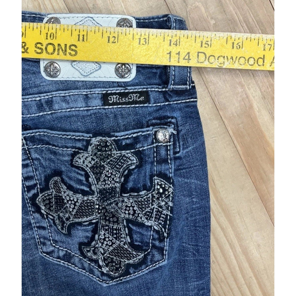 Miss Me Jeans Mid Rise Cuffed Skinny Size 28 Denim Blue Logo Whiskering Casual