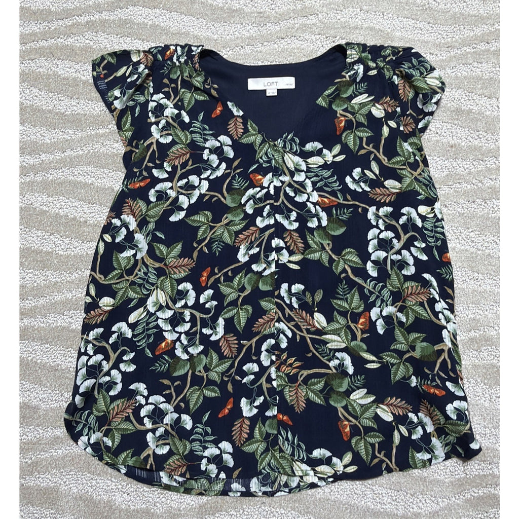 Women's Ann Taylor LOFT Floral Butterfly Lined Navy Blue Cap Sleeve Top SP