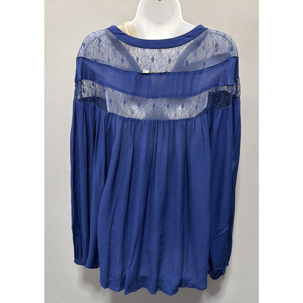 Entro Oversized Balloon Sleeve Blue Boho Lace Back Shirt Top Blouse Large