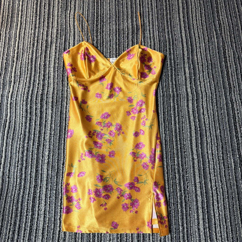JOLIE & JOY Floral Satin Mini Dress Size M Marigold Yellow Ditsy Slip Dress Slit