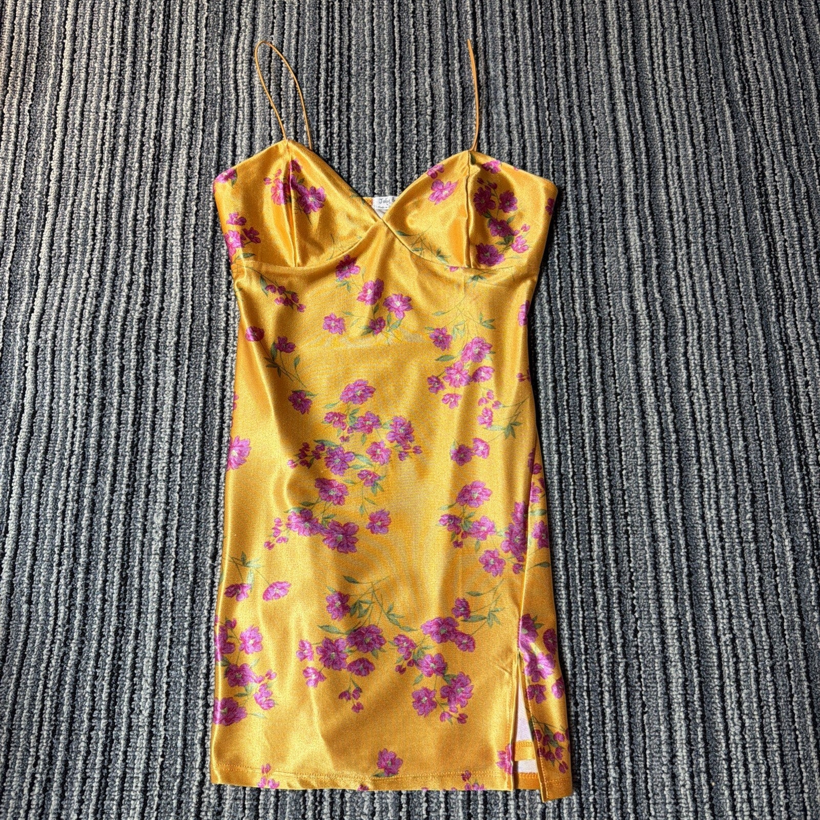 JOLIE & JOY Floral Satin Mini Dress Size M Marigold Yellow Ditsy Slip Dress Slit
