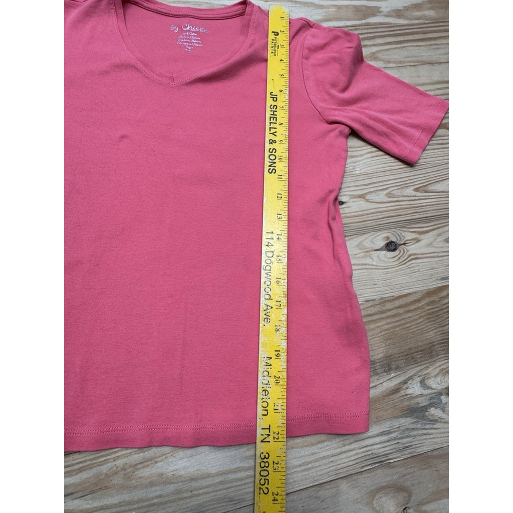 Chico's Solid Pink Red Short Sleeve V Neck Tee Shirt Top Casual Women’s Small