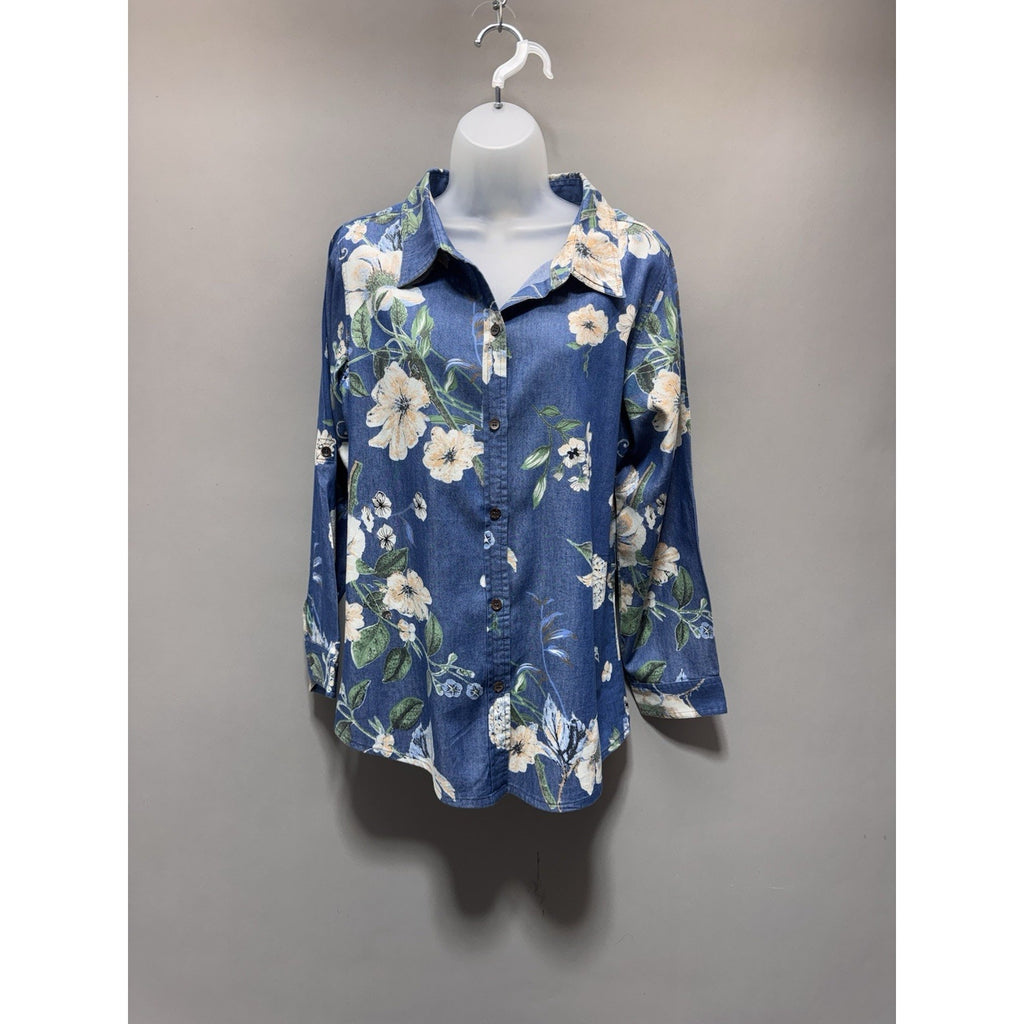 Women’s Chambray Floral Button Down Shirt Large Blue Cotton Rayon Lightweight