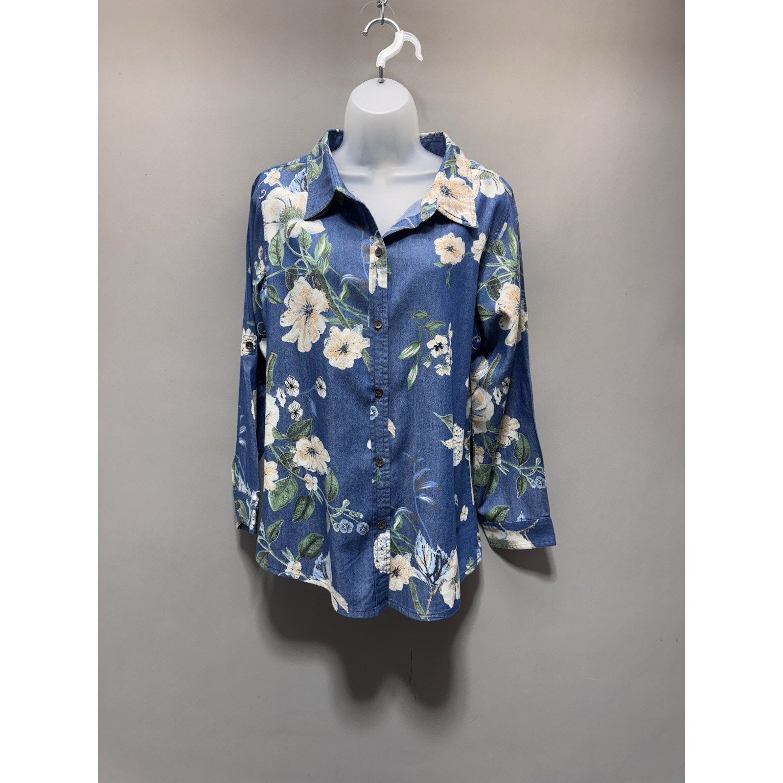 Women’s Chambray Floral Button Down Shirt Large Blue Cotton Rayon Lightweight