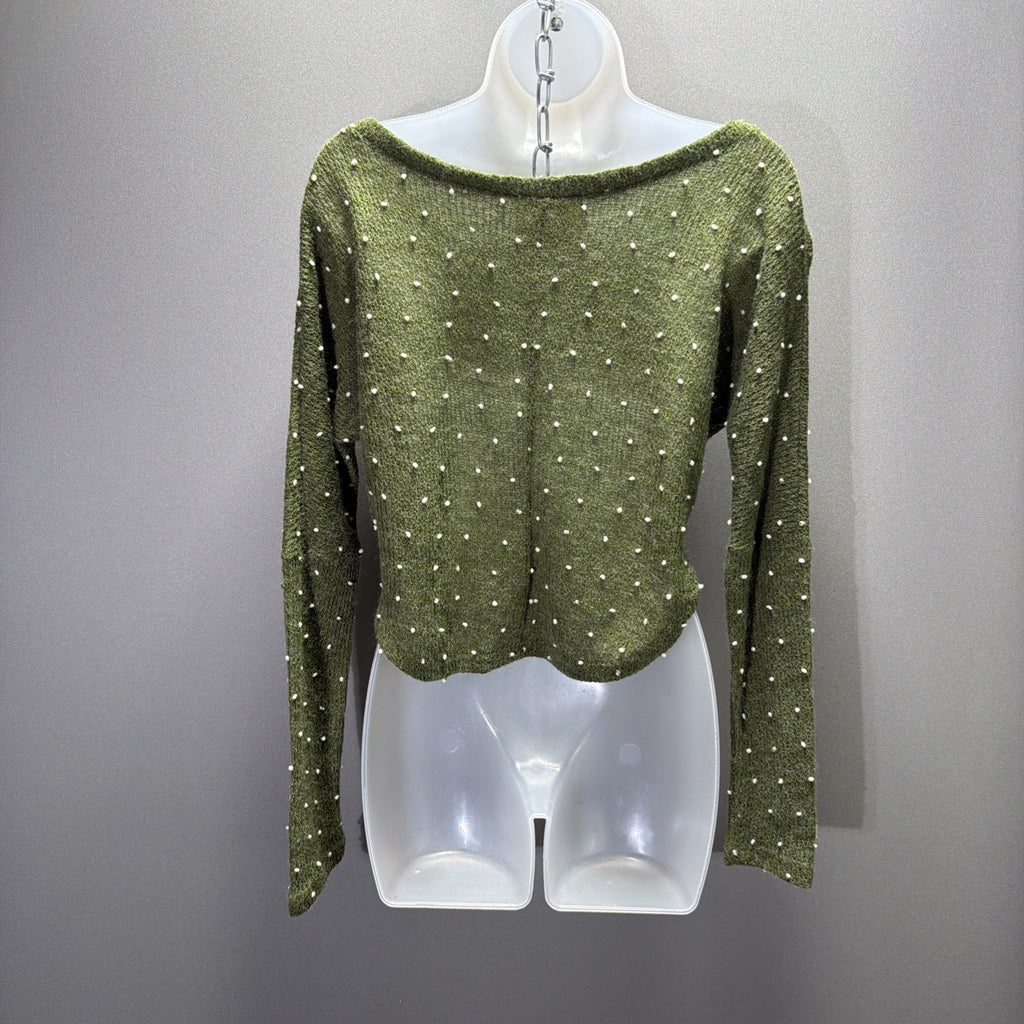 PPLA Swiss Dot Long Sleeve Sweater Size S Oversized Cropped Cozy Green