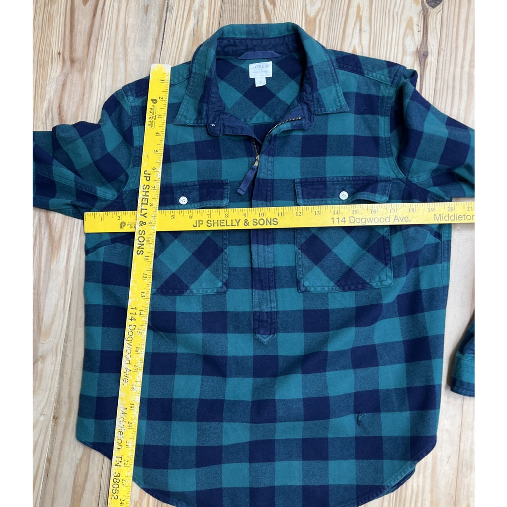 J. Crew Plaid 100% Cotton Half Zip Flannel Shirt Green Blue S