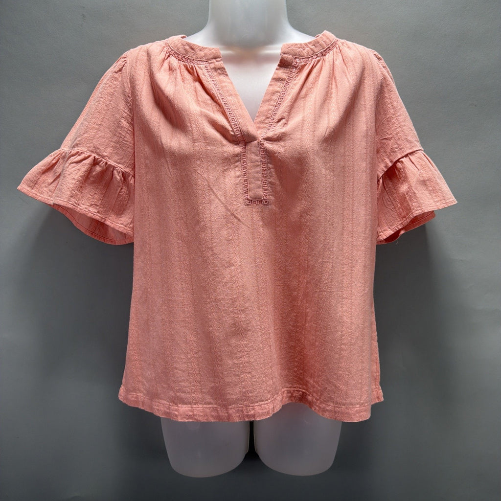 Loft Pink Ruffle Blouse Bell Sleeve V Neck Embroidered Size XS