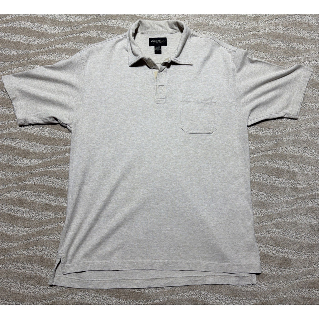 Eddie Bauer Mens Shirt Medium Biege 1/4 Velco Polo Short Sleeve Collared Cotton