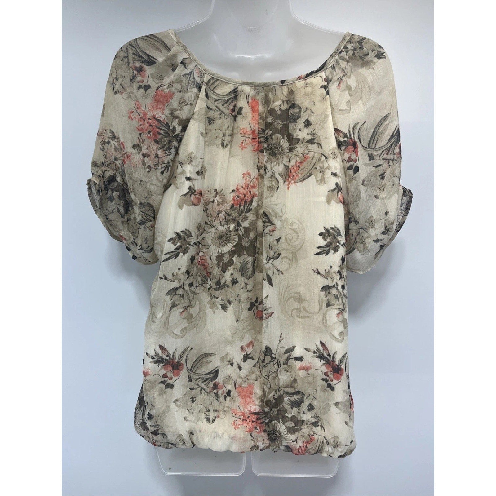 Sarah Michelle Top Womens Large Size Cream Floral Artsy Flowy Boho Y2K