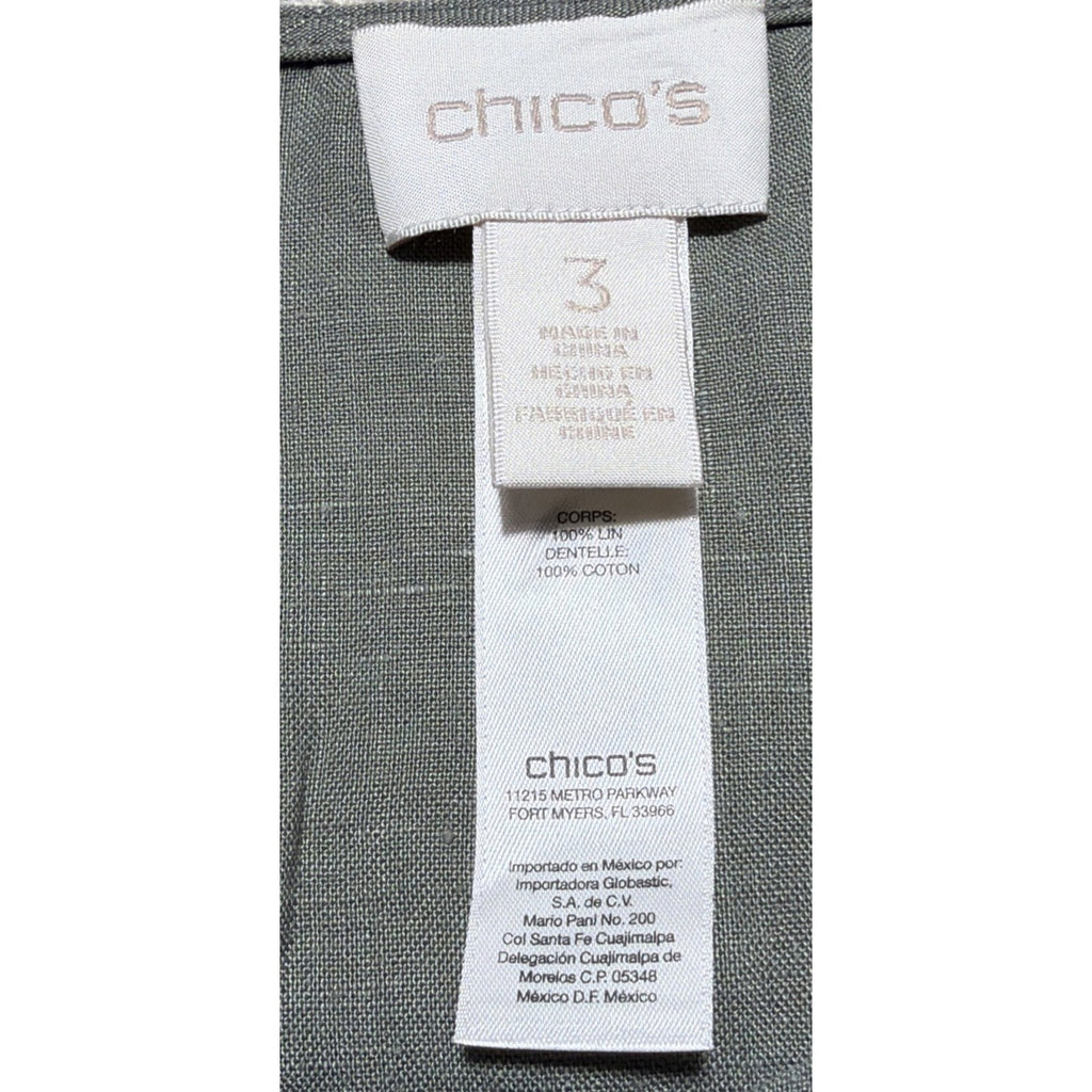 Chico's Linen Crochet Lace Back Vest 3 XL Olive Green Excellent Button Front