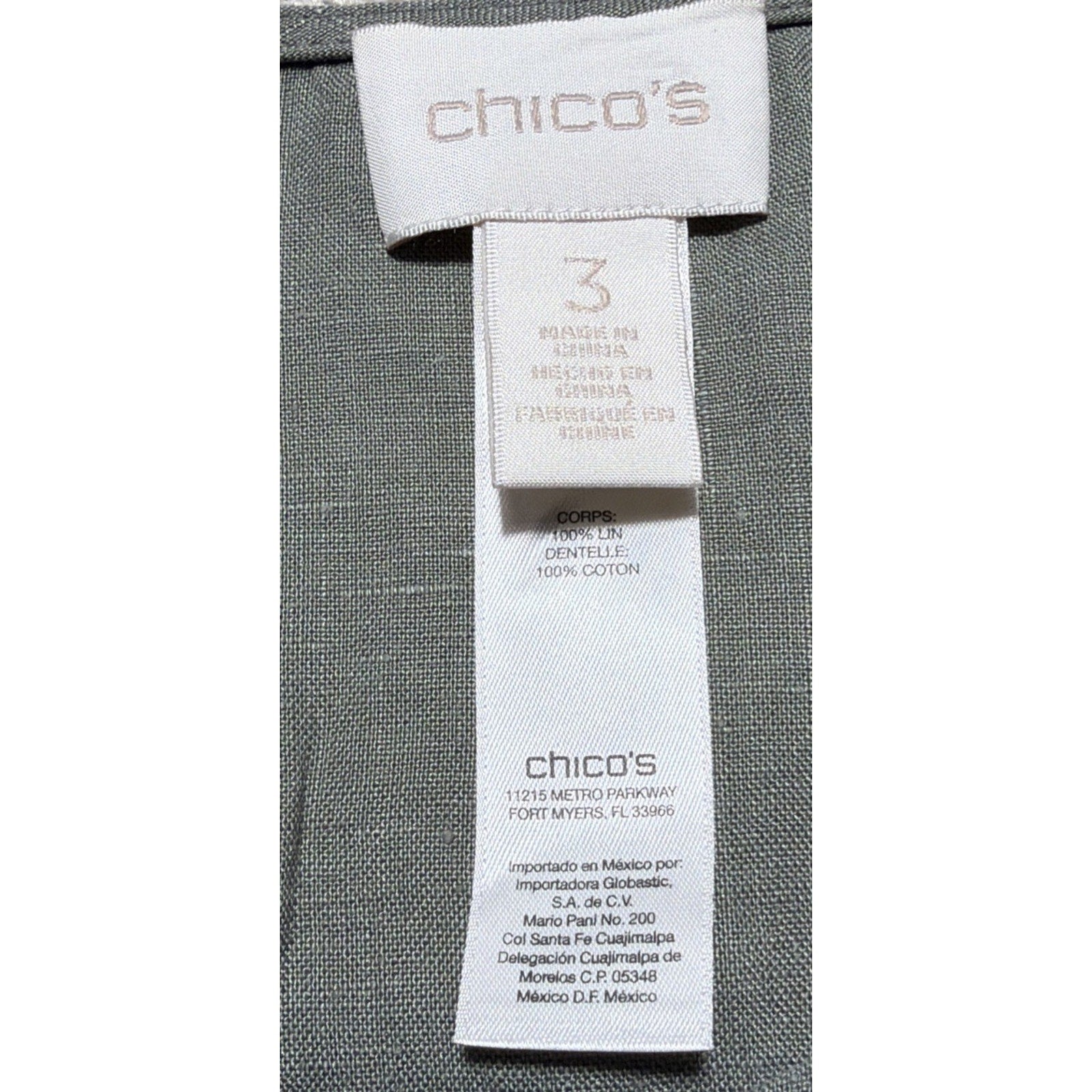 Chico's Linen Crochet Lace Back Vest 3 XL Olive Green Excellent Button Front