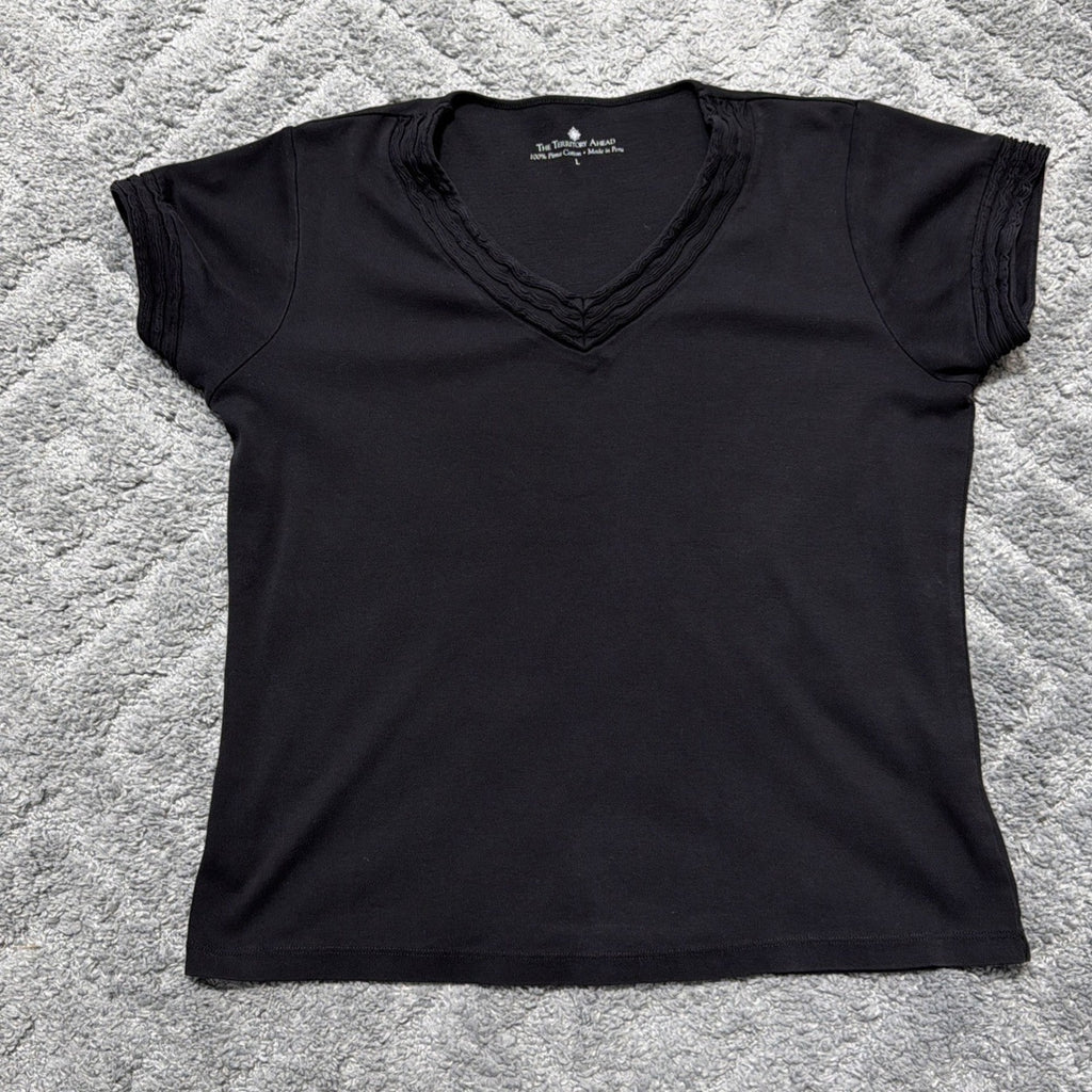 Territory Ahead Women's L Black Peruvian Pima Cotton V Neck Cap Sleeve T Shirt