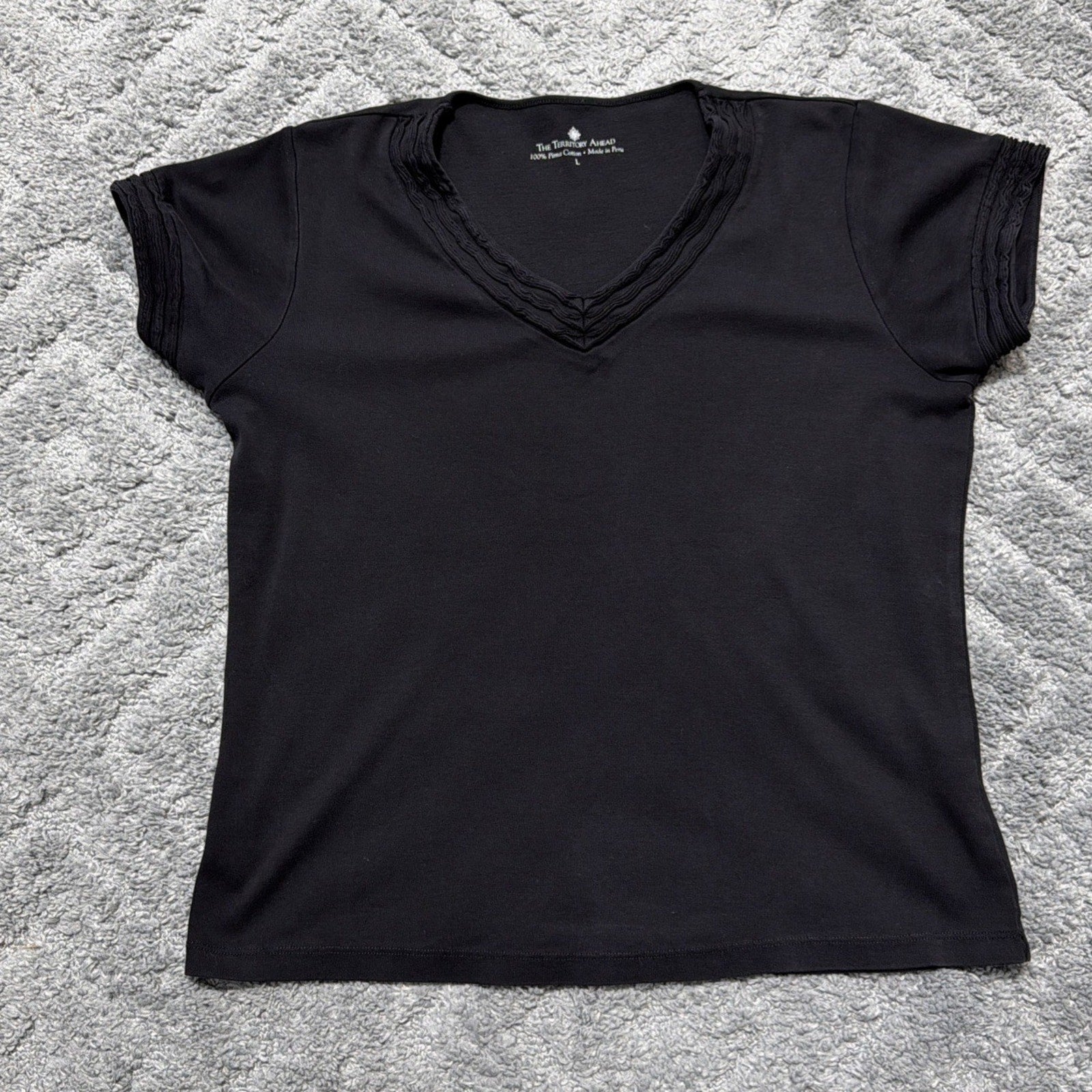 Territory Ahead Women's L Black Peruvian Pima Cotton V Neck Cap Sleeve T Shirt