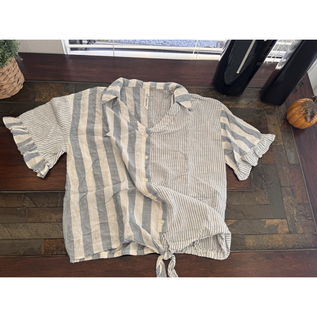 Beach Lunch Lounge Top Womens Medium Blue & White Striped Beachy Tie Front NY Co