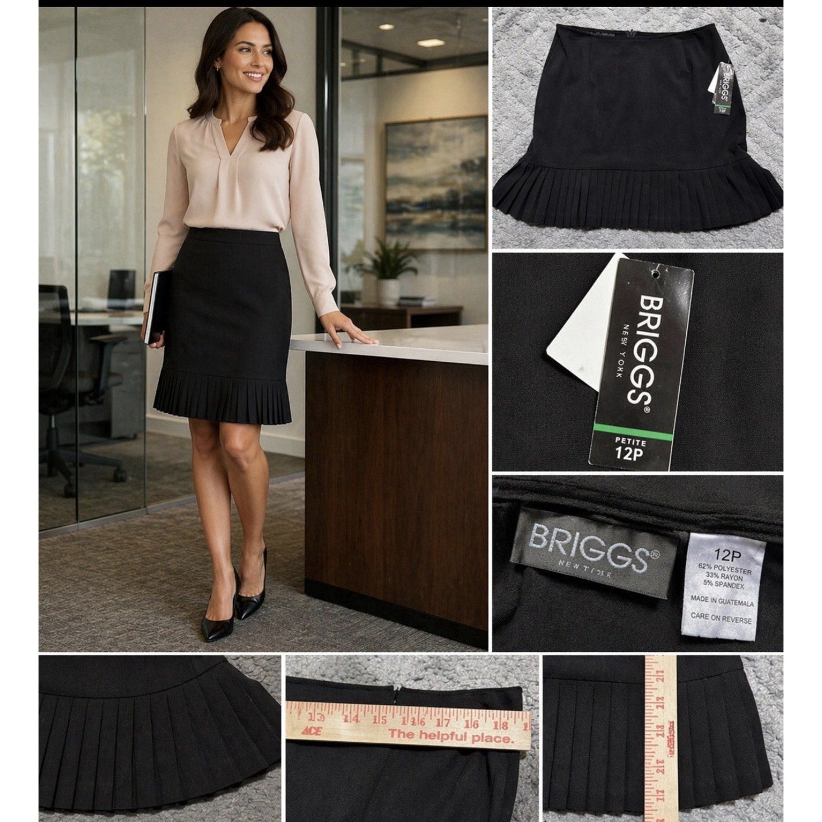 Briggs New York Womens Skirt 12P Petite Black Pleated Hem Flounce Career NWT