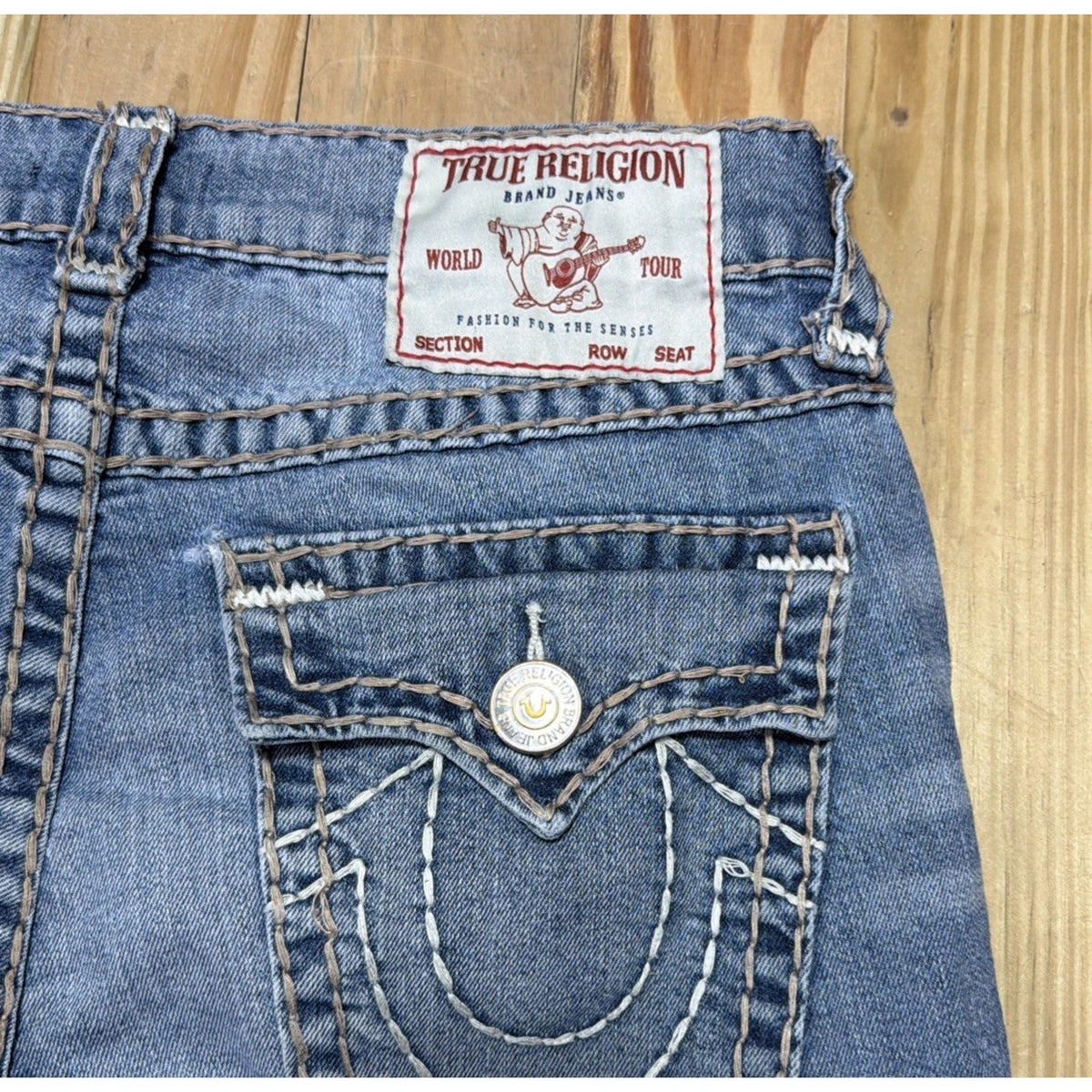 TRUE RELIGION MENS 30 RICKY STRAIGHT LEG FLAP POCKET THICK STITCH DENIM JEANS