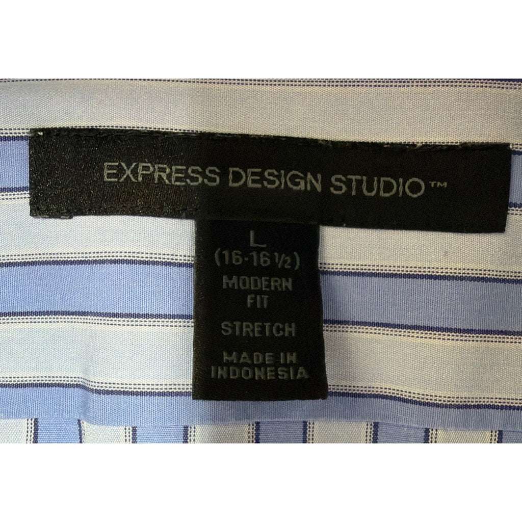 Y2K Express Design Studio Men’s L Blue Stripe Stretch Dress Shirt Modern Fit ‘06