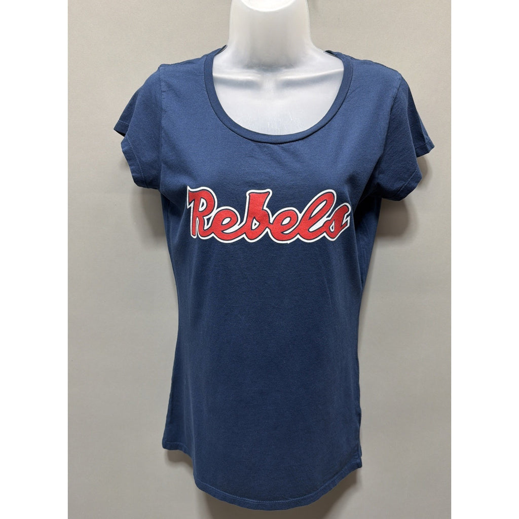 OLE MISS REBELS WOMENS LADIES BLUE SCOOP NECK T-SHIRT SIZE LARGE BLUE 84