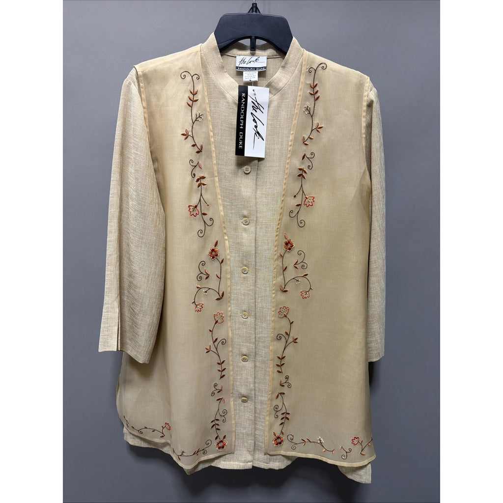 Vintage The Look Randolph Duke Women's Tunic Tan Floral Embroidered Silk Vest 16